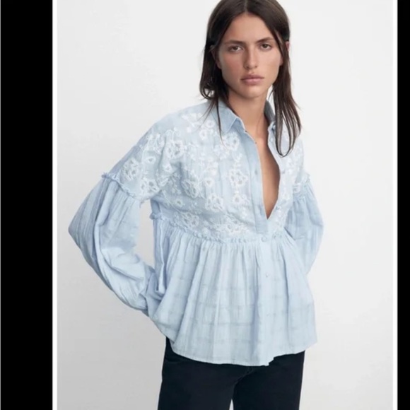 Zara Embroidered Light Blue Floral babydoll Blouse with balloon sleeves Size M - Picture 2 of 3